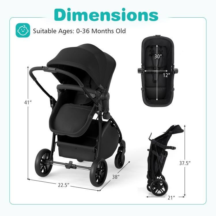 2 in 1 Metal Polyester Foldable Kids Stroller with Adjustable Seat - 38" × 22.5" × 41"