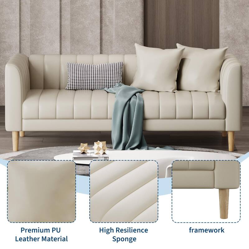 Faux Leather Sofa Couch, Modern 78" W Sofa with Deep Seats, 3 Seater Sofa Couch with 2 Throw Pillows and Wood Legs