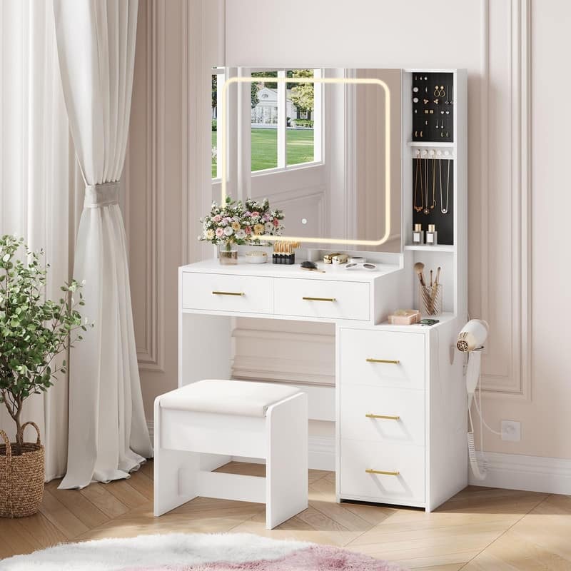 Makeup Vanity Table with Mirror, 5 Drawers, Stool, Charging Station, Hair Dryer Holder - White