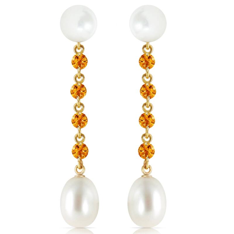 14K Solid Gold Chandelier Natural Citrine & Pearl Gemstone Earrings