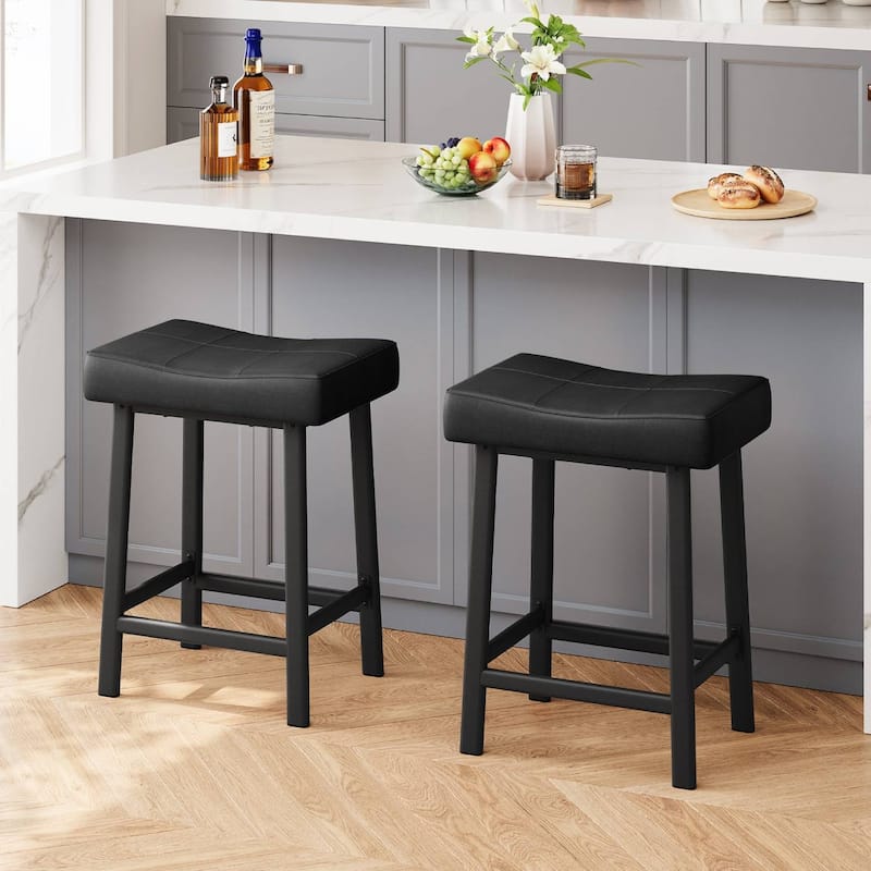 Backless Saddle Bar stools with Upholstered Padded Seat - N/A - Black