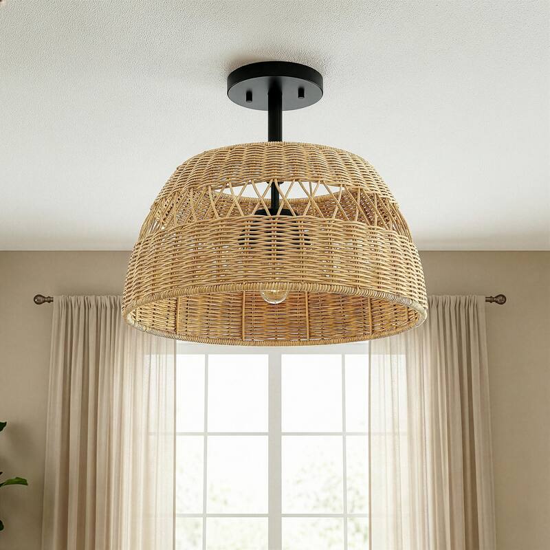 Twinre Rattan Semi-Flush Ceiling Light, Farmhouse Double Light Fixture