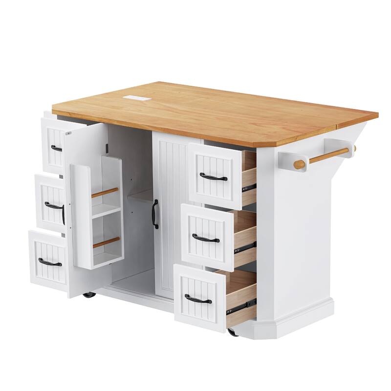 55.5'' Rubber Wood Kitchen Island with Power Outlet, Drop Leaf, Rolling Wheels and 6 Deep Drawers - 55.5'' x 29.75'' x 36''