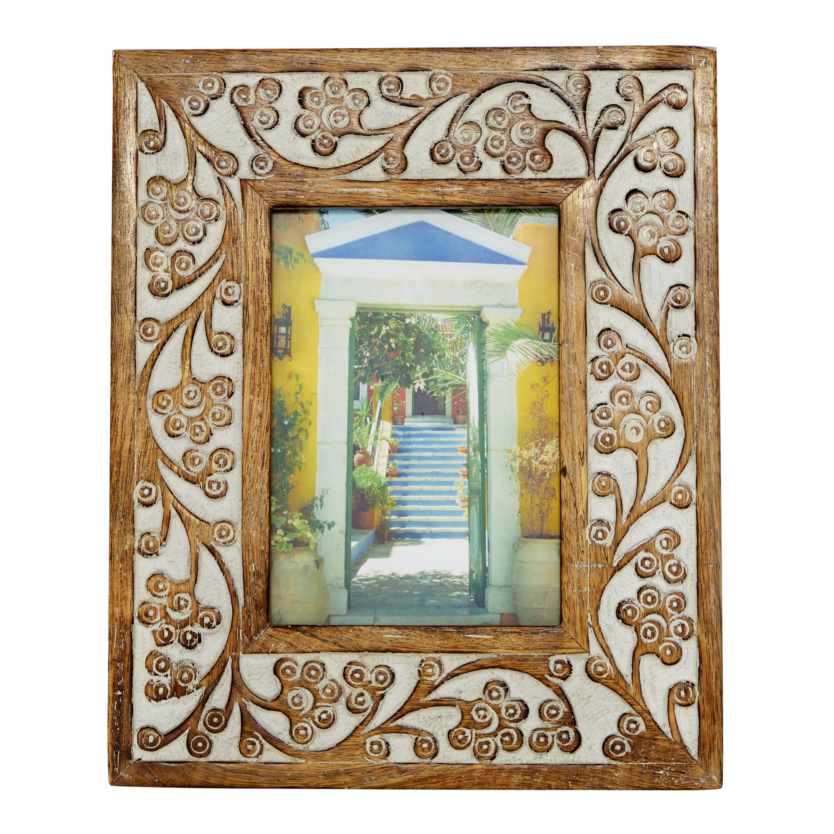 Deco 79 Rectangular Carved Wood Antique Floral Picture Frame w/ Whitewash Finish 8.5” x 10” 54644 Brown 