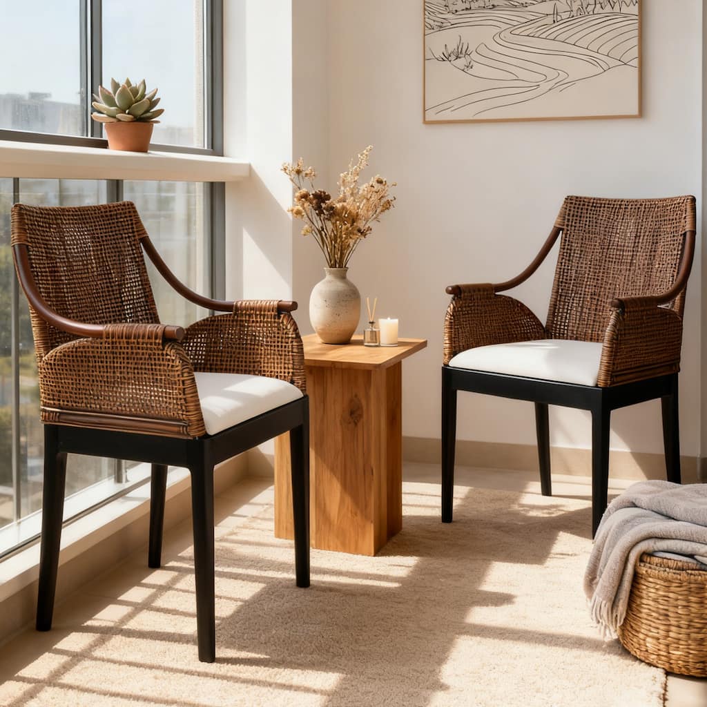 Boho 18" W Rattan Upholstered Armchair for Dining or Lounge Spaces