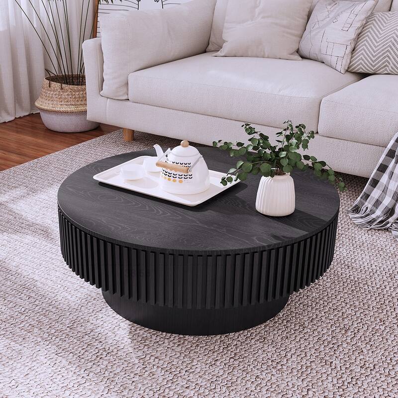31.5in Round Coffee Table with Storage Solid Wood Veneered