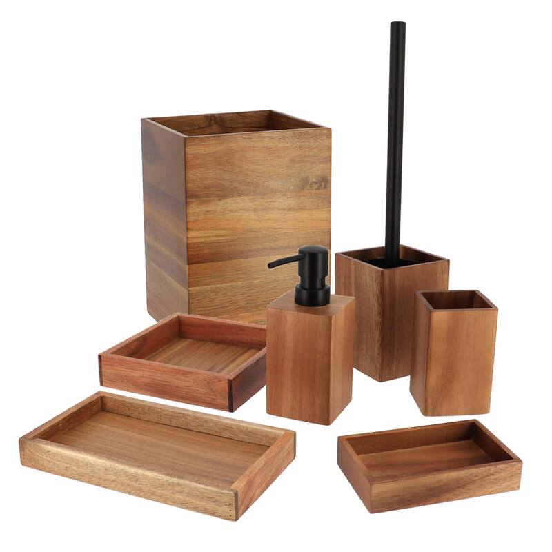 Acacia Wood Bathroom Accessory Set Collection - Full Set 7 Pieces