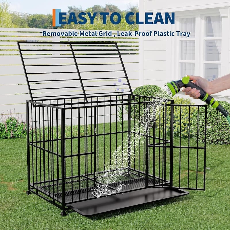 Heavy Duty Foldable Steel Dog Crate Chew-Resistant Kennel with Locking Wheels