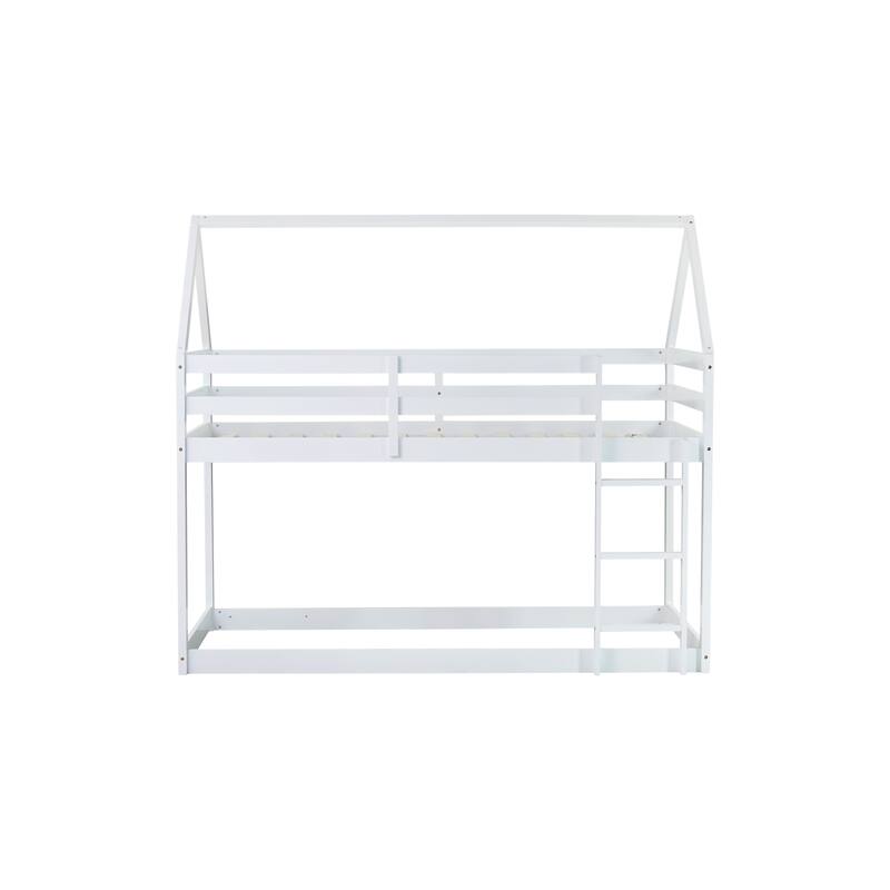 House-shaped Bed Frame, Twin Over Twin Low Bunk Bed with House Roof, No Slats Floor Bed, Ladder and Guardrails, Floor Bunk Bed