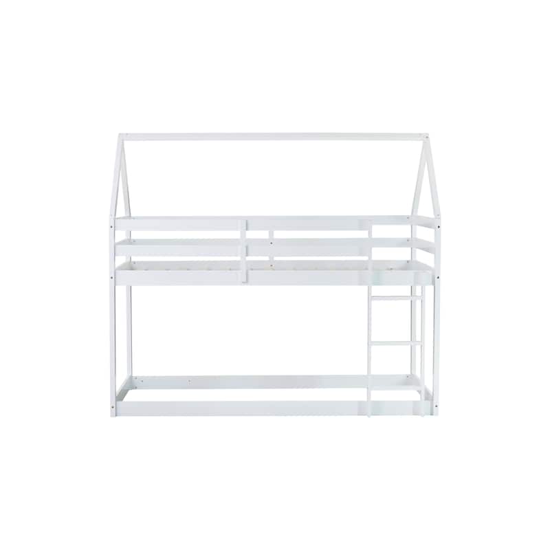 Twin over Twin Rubber Wood Floor Bunk Bed with Ladder, Guardrails, and House-Shaped Design, Pink Kids Bunk Bed