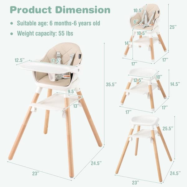 dimension image slide 1 of 5, 6-in-1 Baby High Chair with Removable Dishwasher and Safe Tray - 24.5" x 23" x 35.5"