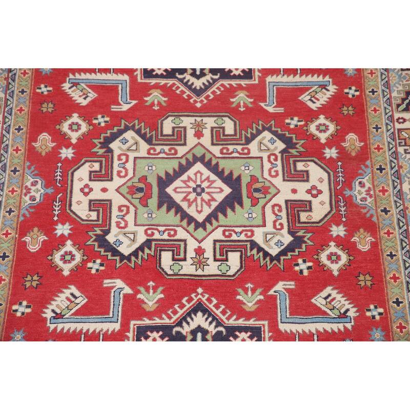 Hand Knotted Oriental 100% Wool Carpet Traditional Geometric Red Kazak Area Rug - 9' 6'' X 6' 4''