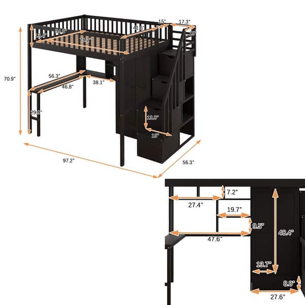 dimension image slide 0 of 3, Full Size Wood Loft Bed with Bookshelf, Stairs Drawers, Desk and Wardrobe with Top Bunk with Full Length High Guardrails