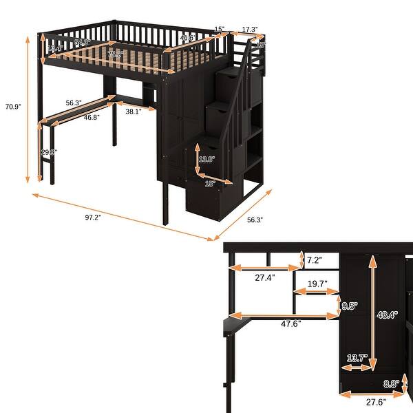 Full size Loft Bed with Bookshelf,Drawers,Desk,and Wardrobe