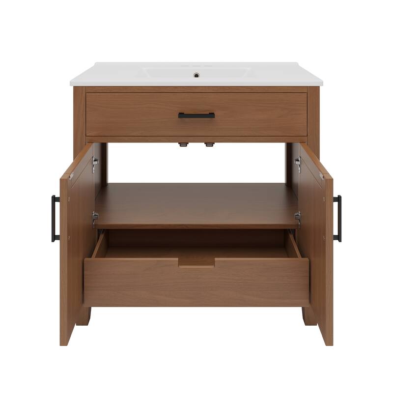 Roomfitters 36" Rattan Bathroom Vanity with Ceramic Sink, Modern Cabinet with Soft-Close Doors and Storage units