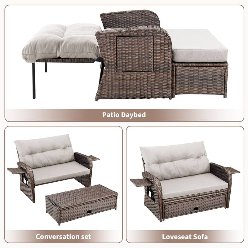 Gymojoy Adjustable Outdoor Wicker Daybed Patio Sofa Bed, 5-Position with Storage Ottoman