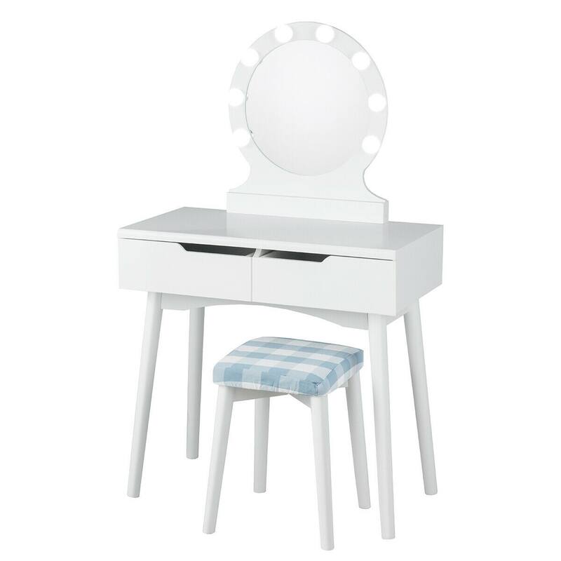 Dressing Table with Large Round Mirror and 8 Light Bulbs for Bedroom - 31.5" x 16" x 52" (L x W x H)