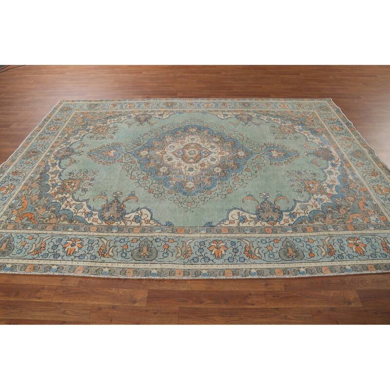 Turquoise Green Tabriz Persian Vintage Area Rug Handmade Wool Carpet - 6'8"x 9'6"