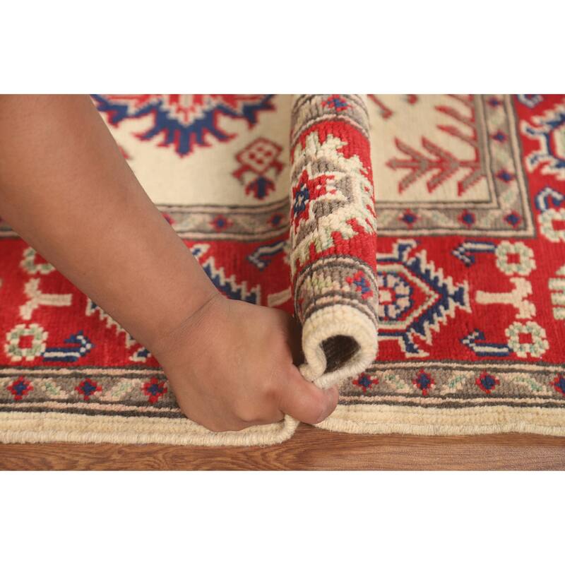 Geometric Kazak Accent Rug Hand-Knotted Beige Wool Carpet - 3'2" x 4'1"