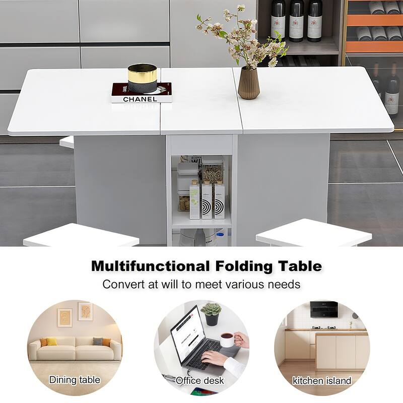 4-Person Drop-Leaf Dining Set‌ – Foldable Table + 4 Chairs, 47.2" x 23.6" x 30.3", White with Storage & 6 Wheels