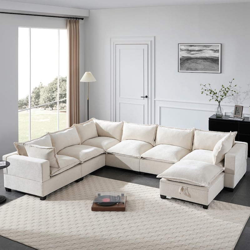 117.5" U-Shaped Chenille Sectional Sofa with Movable Storage Ottoman - Beige