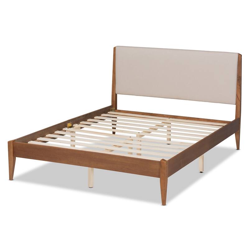 Mid-Century Modern Beige Fabric and Walnut Brown Wood King Platform Bed with Padded Headboard and Tapered Legs
