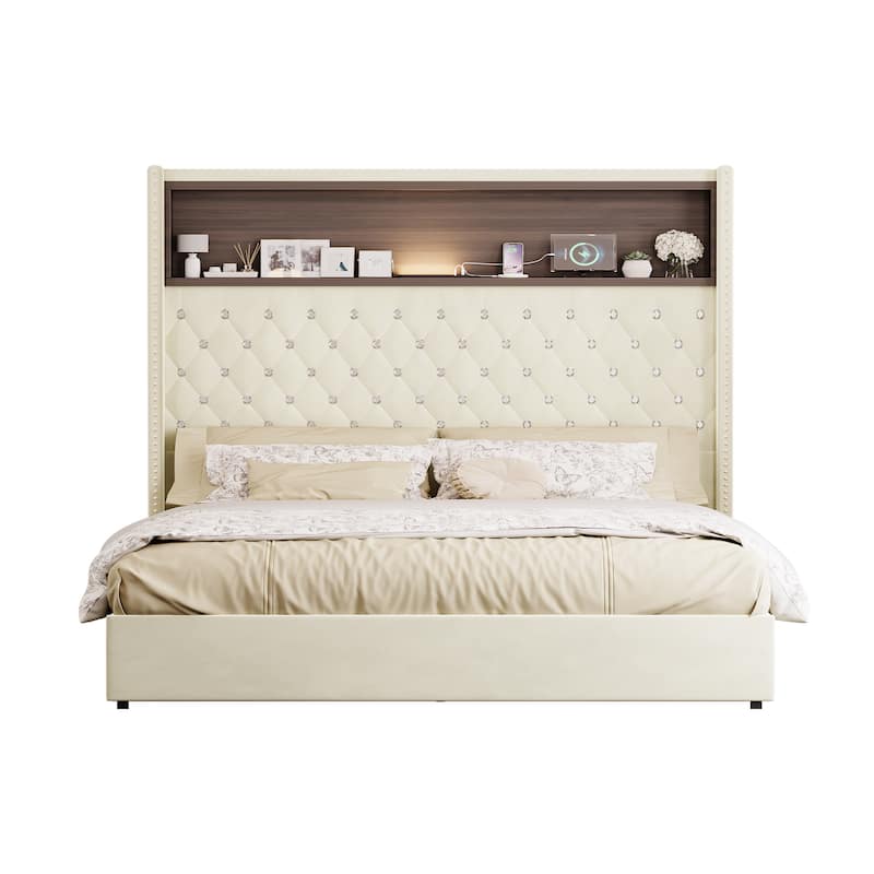 Velvet Tufted Wingback Bed Frame with Rivet Decoration Headboard Built-in Shelf USB Port and Night Light, Soft Platform Bed