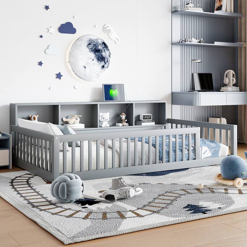 Wood Twin Xl Size Floor Bed With Storage Cabinets And Usb Ports