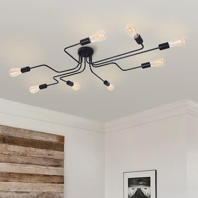 8-Light Modern Black Linear Sputnik Semi-Flush Mount Light Industrial Spider Ceiling Light