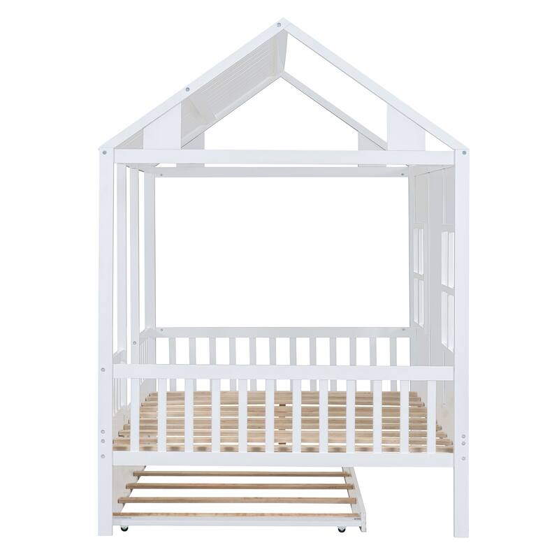 House Platform Bed With Twin Trundle, Wooden Daybed Frame with Rails, Roof and Windows, for Kids Girls Boys