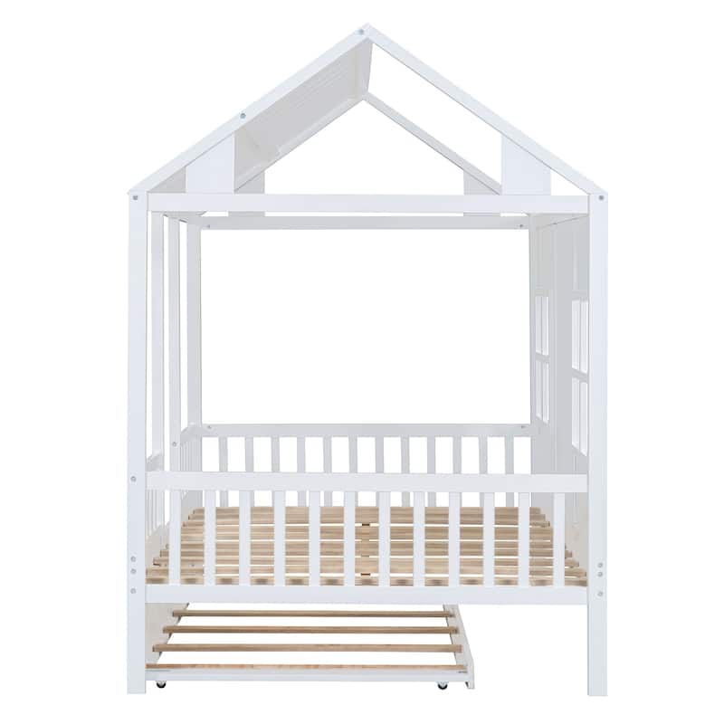 Roomfitters Full/Twin Size Wood House Bed with Twin Trundle, Modern Daybed Frame with Roof Design
