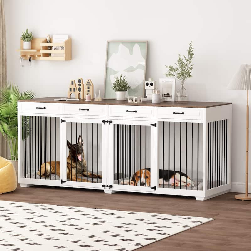 93" Wooden Large Dog Crate Furniture with 2 Rooms,3 Drawers & Dividers