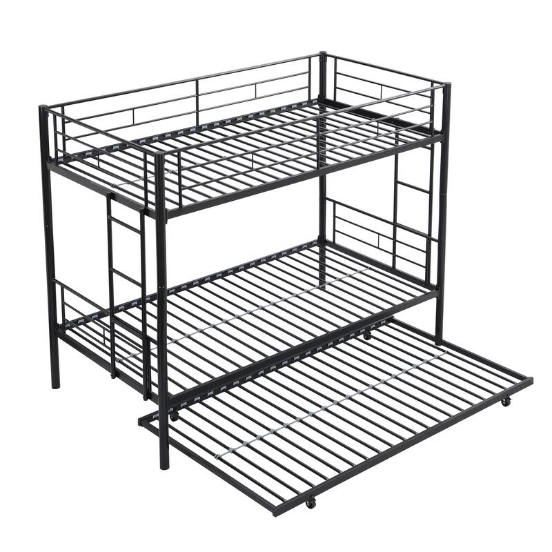 Space-Saving Twin Over Twin Metal Bunk Bed with Trundle, Black - Easy Assembly, No Box Spring Needed