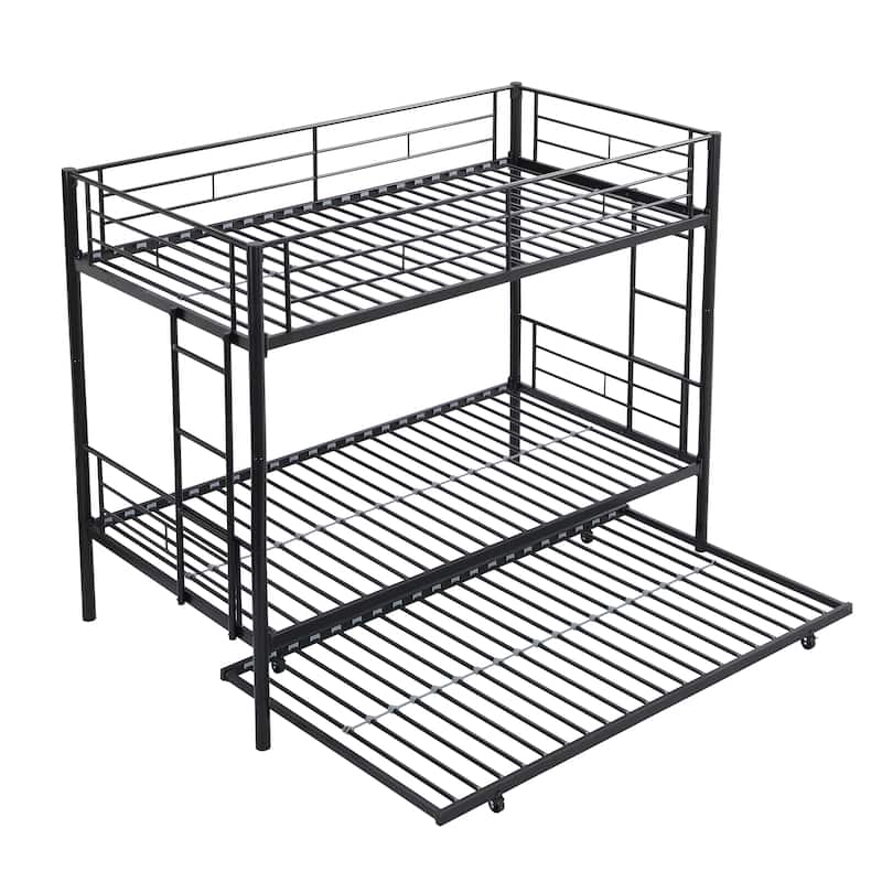 Twin over Twin Metal Bunk Bed with Trundle and Fence