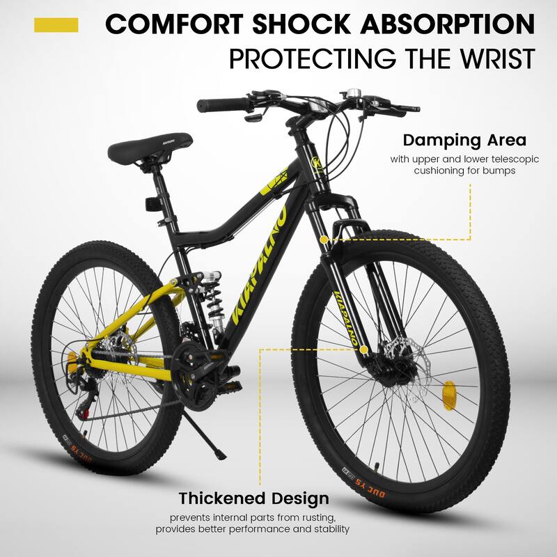 26 Inch Curved Mountain Bike with Iron Frame 21 Speed, Dual Disc Brakes, Dual Shock Absorption, All Terrain Tires for Trail