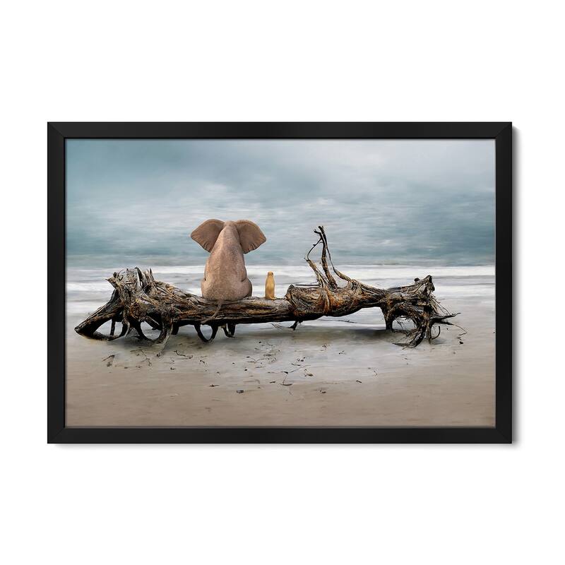 Elephant And A Dog Are Sitting On Driftwood Premium Framed Poster by Mike Kiev - Black - 24x16x1