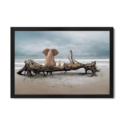Elephant And A Dog Are Sitting On Driftwood Premium Framed Poster by Mike Kiev