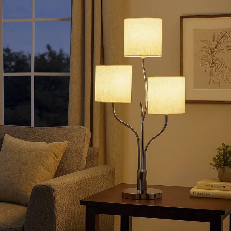 Indi 30 Inch Table Lamp, 3 Drum Fabric Shade, Round Metal Base, Silver