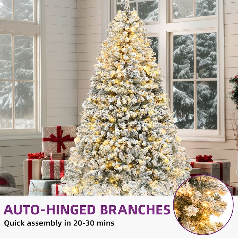 Snow Flocked Artificial Full 6/7.5/9ft Christmas Pine Tree with 8 Light-Modes, 800 Branch Tips, and Foldable Base for Home