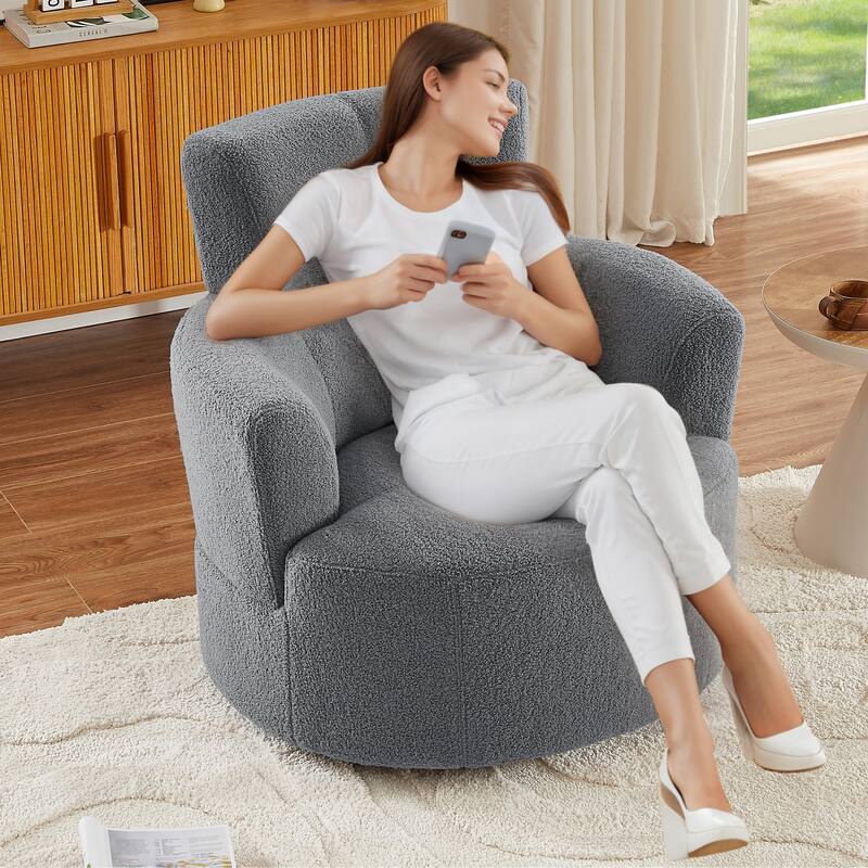 360° Swivel Chair Upholstered Accent Barrel Chair Swivel Round Sofa Chair with Adjustable Headrest for Living Room, Bedroom - Grey