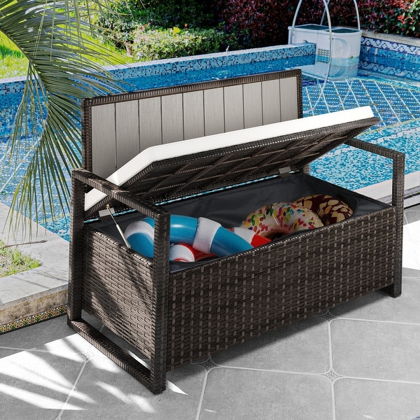 Moasis 70 Gallon Outdoor Storage Bench Weather Resistant Woven Rattan Deck Box with Loveseat and Cushions Bed Bath Beyond 38318380