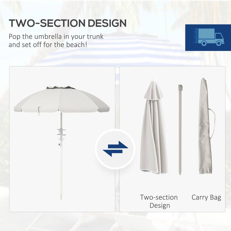 Outdoor Parasol Portable Beach Umbrella with Tilt, Adjustable Height 2 Cup Holders and Hook Ventilated Canopy, for Garden Pool