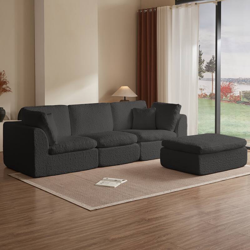L-Shaped Convertible Cloud Sectional Sofa, Oversized Chenille Fabric Compressed Sofa, Modular 3 Seater Sofa with Ottoman