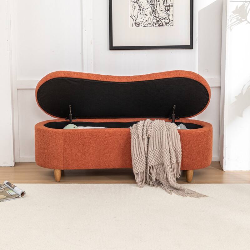 Modern Glam Teddy Fabric Upholstered Storage Ottoman Bench - Orange
