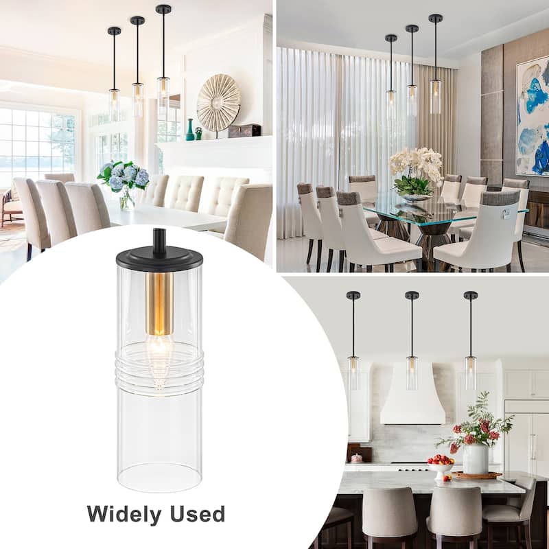 Industrial Black Mini Pendant Light Clear Cylindrical Glass Shade - Dia.3.54-in