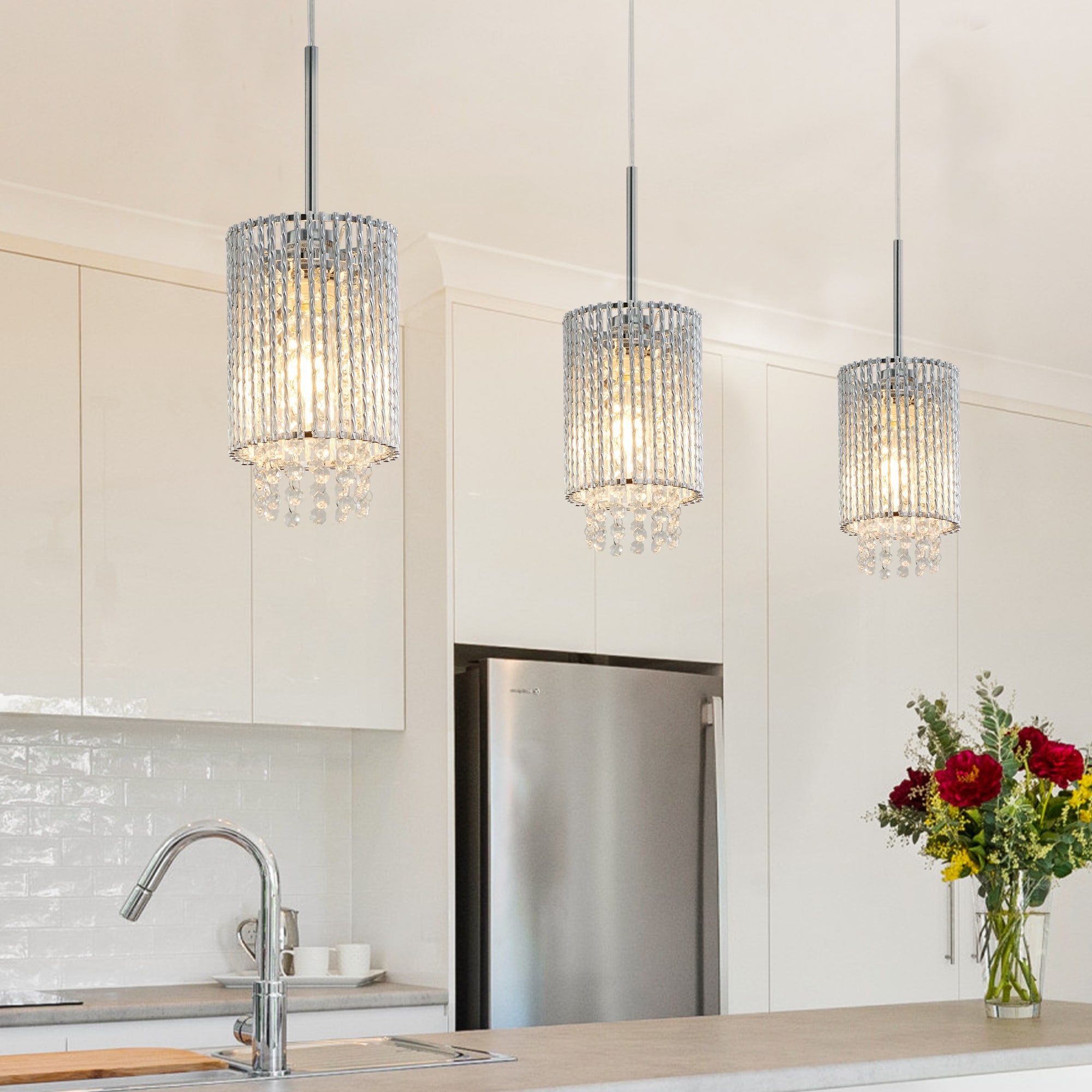 3-Pack Modern Crystal Pendant Lights - Adjustable Chrome Fixtures with Clear Beads for Dining Room (Bulbs Not Included)