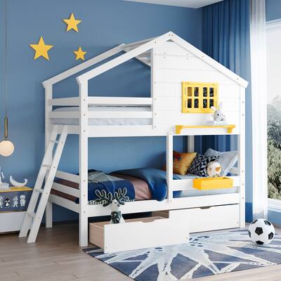 Bunk Bed with 2 Drawers, 1 Storage Box, 1 Shelf, Window and Roof