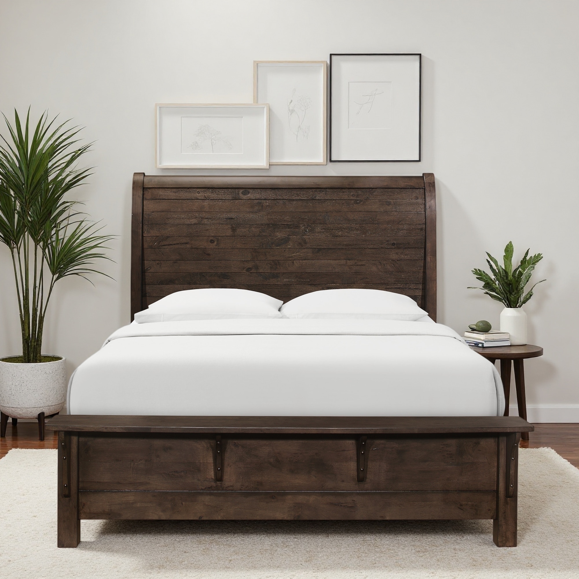 Queen Size Engineered Wood Sleigh Bed with Modern Rustic