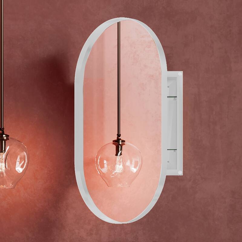 Oval Recessed Medicine Cabinet,Metal Framed Bathroom Wall Cabinet with Mirror and Adjustable Shelves,Wall Mirror with Storage - White