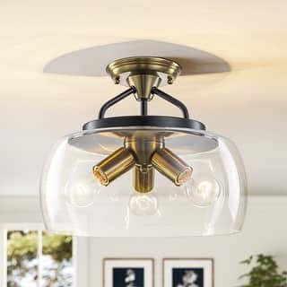 13" W 3-Light Modern Industrial Black Metal Semi-flush Mount Ceiling Light with Clear Dome Glass